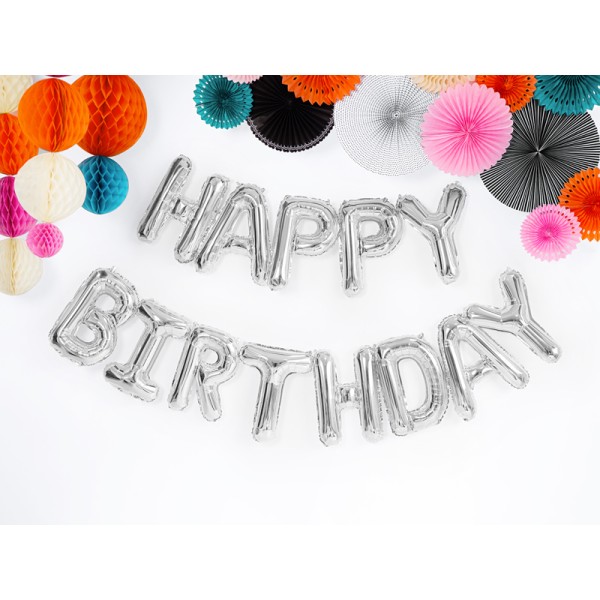 PartyDeco - Μπαλόνι Happy Birthday Ασημί (FB6M-018)